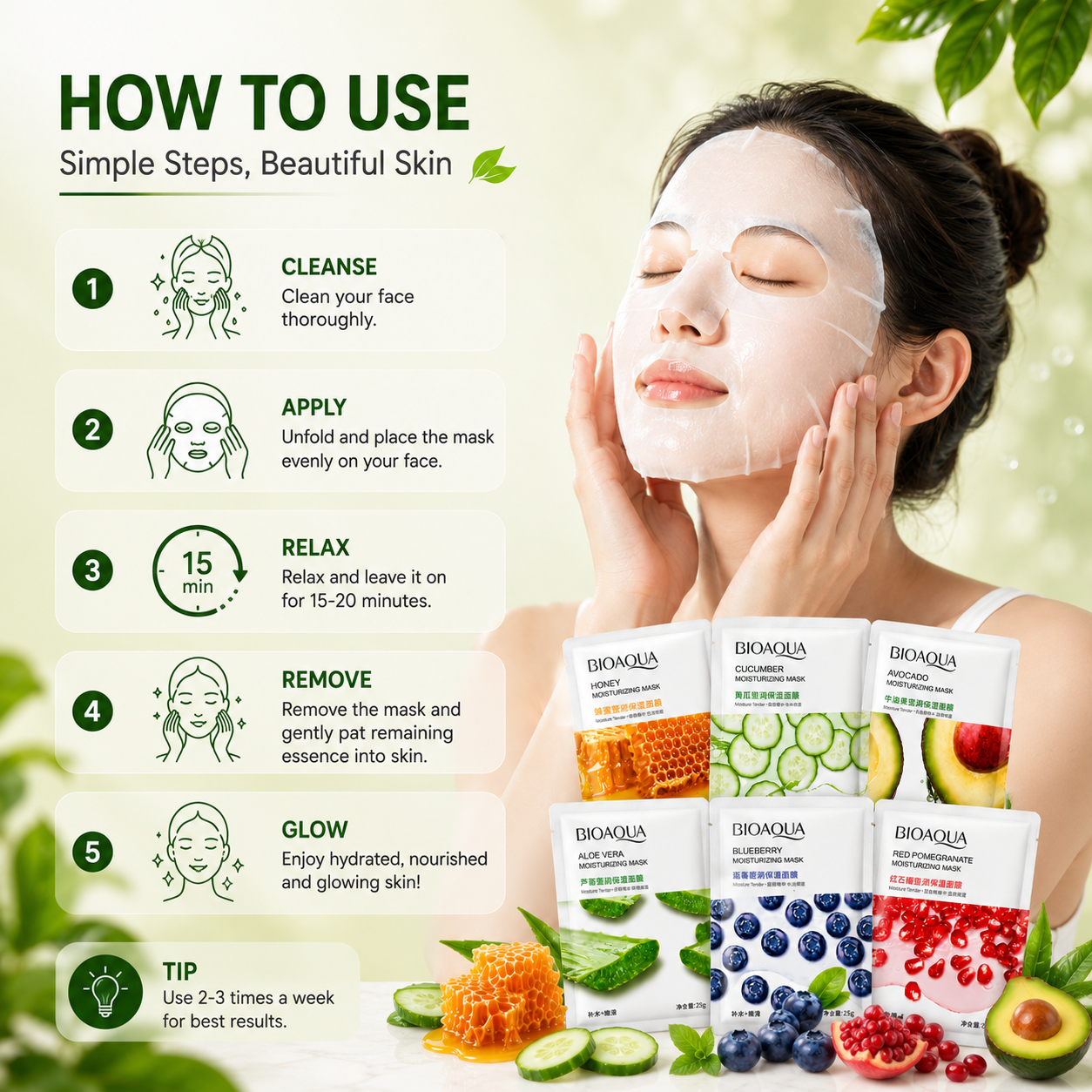 6-Pack Hydrating Sheet Face Masks for Glowing Skin
