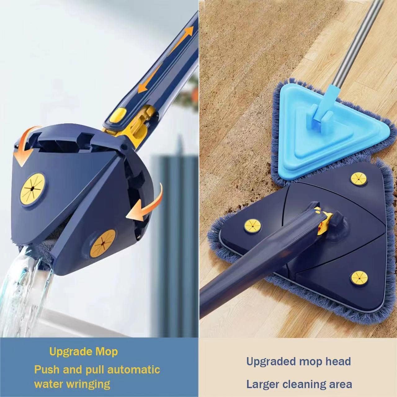 360° Rotating Triangle Mop with Long Handle & Washable Pads for Floor/Ceiling/Glass/Car.