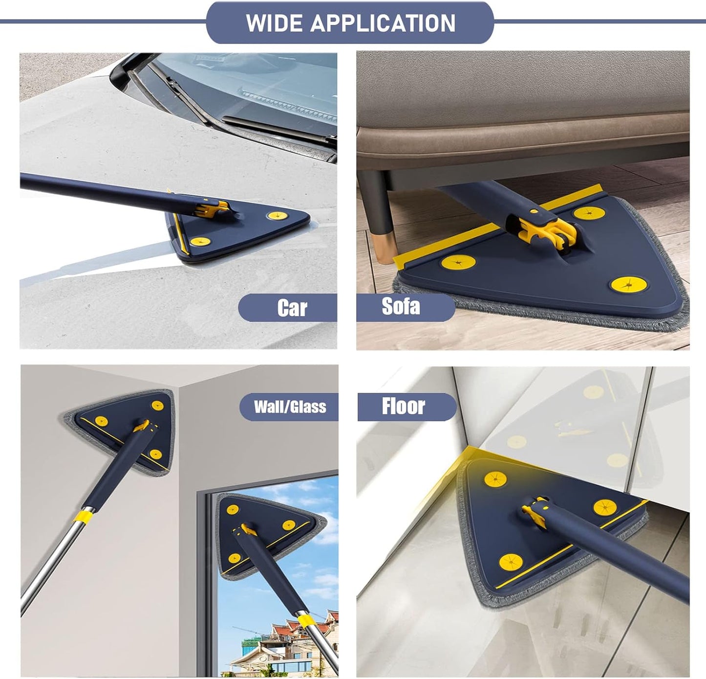 360° Rotating Triangle Mop with Long Handle & Washable Pads for Floor/Ceiling/Glass/Car.