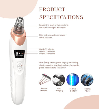 USB Rechargeable Blackhead Remover Vacuum – 5 Suction Levels, 5 Probes, Professional Facial Pore Cleaner and Acne Extractor (White)