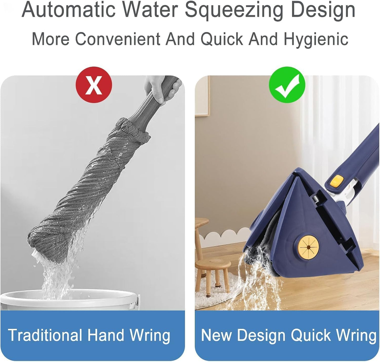 360° Rotating Triangle Mop with Long Handle & Washable Pads for Floor/Ceiling/Glass/Car.