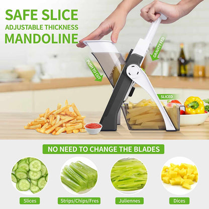5-in-1 Adjustable Mandoline Slicer & Vegetable Chopper – Safe, Multifunctional Kitchen Tool for Slicing, Shredding, Dicing, and Chopping